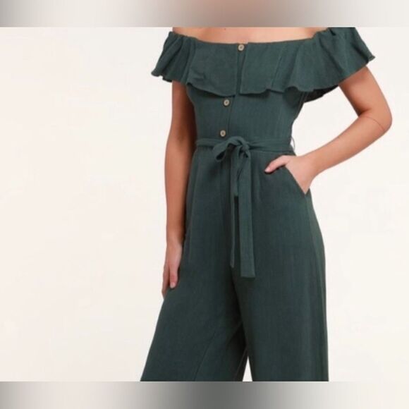 Lulu's Off The Shoulder Dark Sage Green Linen/ Rayon Ankle Length Jumpsuit Sz XL - Picture 5 of 12
